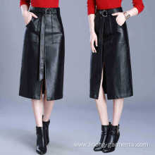Women sexy PU Leather Long Vent Skirt